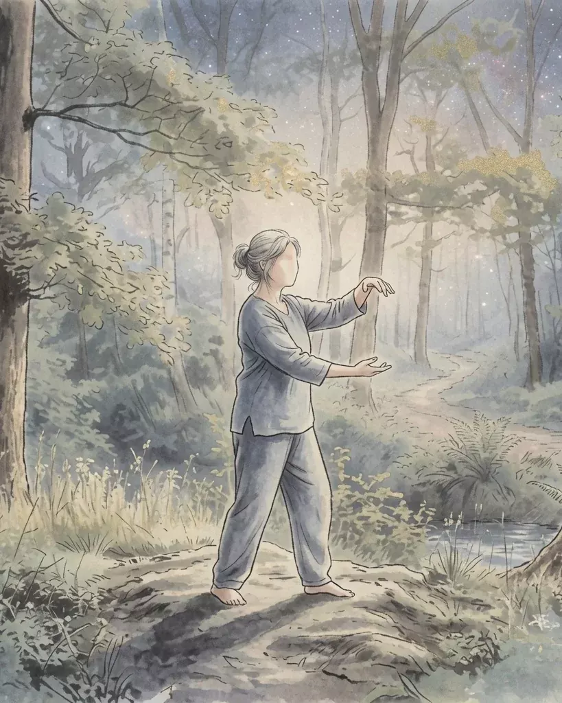 Illustration dessinée d’une forêt paisible évoquant la nature et le mouvement