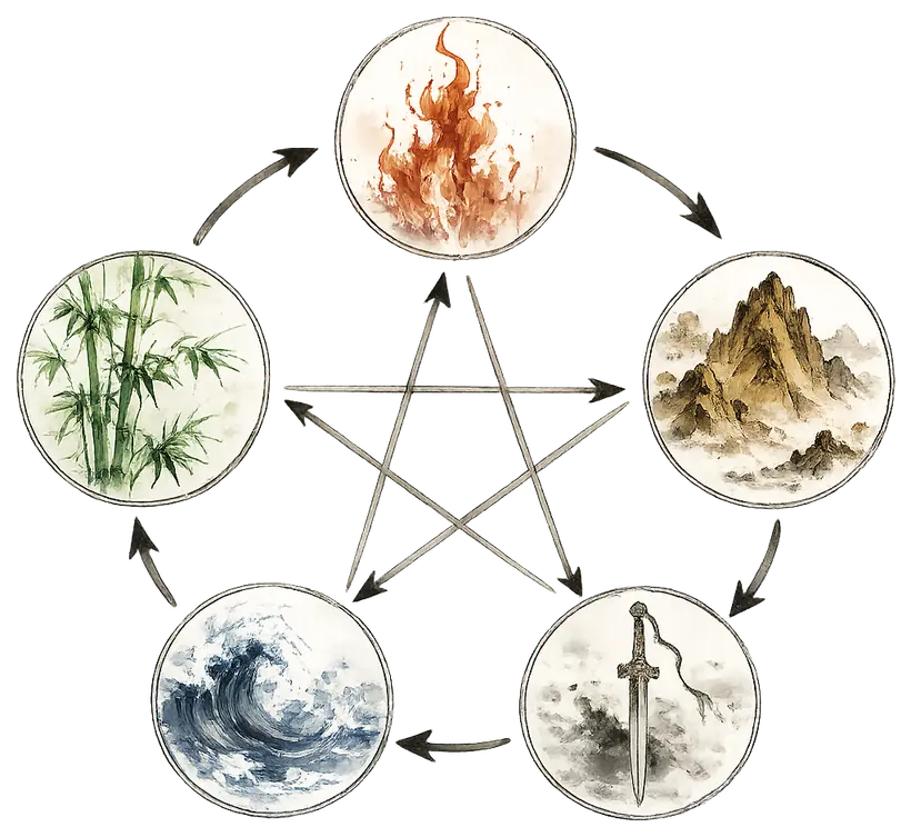 Roue des cinq éléments de la médecine chinoise en aquarelle : Bois, Feu, Terre, Métal, Eau